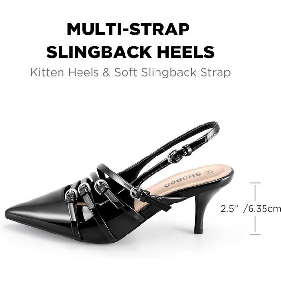Slingback Kitten Heels for Women Black Polyurethane Multi-Buckle Shoes - Picture 2 of 7